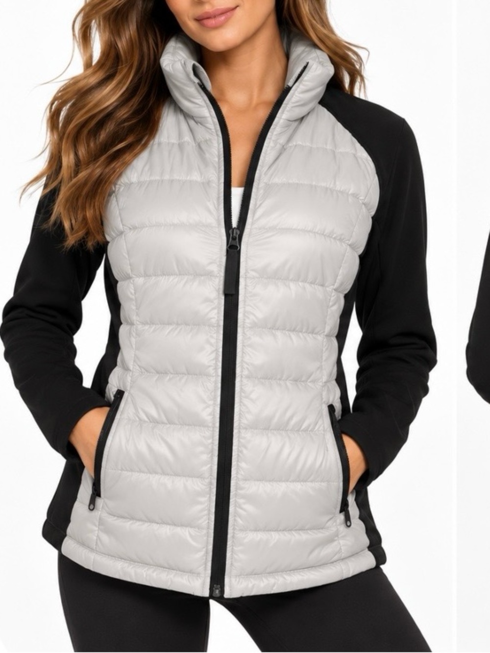 Calvin Klein Gray & Black Quilted Puffer Jacket Full Zip Mixed Media Coat